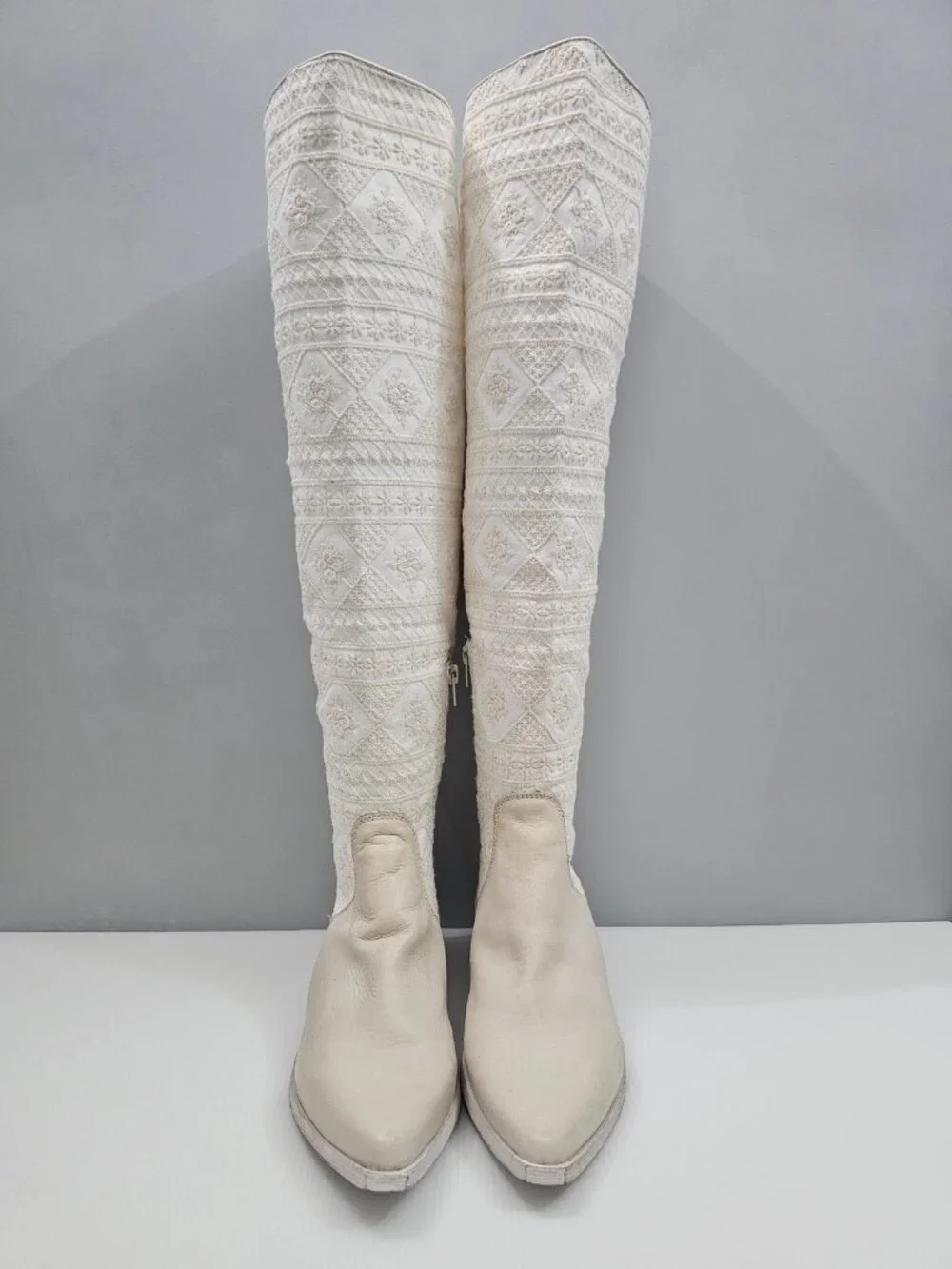 Free People Bren Knee High Boot Womens EU 38 Cream Embroidered Slouchy Boho